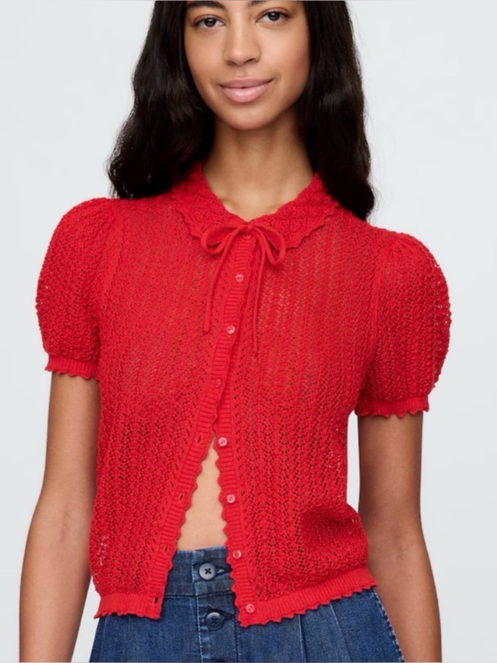 GAP x DOEN Open-Knit Tie-Neck Short Sleeve Blouse in Red